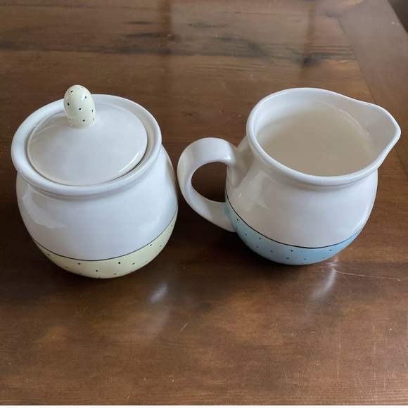 Rae Dunn Ceramic Yellow and Blue Polka Dot Scoop. Pour. Sugar and Creamer Set - Picture 2 of 6